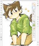  1boy ? animal_ears antenna_hair art_program_in_frame black_eyes blush brown_hair brown_pants cat_boy cat_ears cat_tail commentary_request drawstring edd_(eddsworld) eddsworld extra_ears green_hoodie highres hood hood_down hoodie kemonomimi_mode long_sleeves looking_at_viewer male_focus mettya_329 pants paw_print screenshot short_hair simple_background sketch sleeves_rolled_up solo tail whiskers white_background 