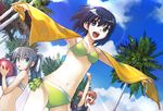  &gt;_&lt; arm_up ball bikini black_hair blue_eyes brown_hair closed_eyes cloud day grey_hair hirokiku multiple_girls navel open_mouth original outstretched_arms palm_tree spread_arms swimsuit tree 