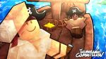 2others absurdres boat caustics commission day dreadlocks full_body hand_on_own_forehead hat headband highres himochuu holding holding_map light_rays map multiple_others outdoors pirate_hat player_character_(roblox) roblox scar scar_on_face smile treasure_chest tunic water watercraft 