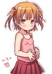  amakusa_tobari belly blush brown_eyes brown_hair hair_ribbon hand_on_own_stomach hands_on_own_stomach hungry marui_mitsuba mitsudomoe petite plump ribbon short_hair short_twintails sketch skirt solo tank_top twintails weight_conscious weight_gain 