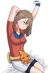  1girl bike_shorts bike_shorts_under_skirt blendinglight breasts brown_hair closed_eyes closed_mouth collared_shirt fanny_pack frown gloves legs_together may_(pokemon) mixed-language_commentary on_lap pokemon pokemon_(creature) pokemon_on_lap pokemon_rse popped_collar red_shirt shirt short_sleeves sitting skirt squeans stretching torchic white_skirt yellow_bag 