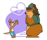 2d_animation animated anthro bear blue_bottomwear blue_clothing blue_shorts bottomless bottomless_anthro bottomless_female bottomwear brown_body brown_fur brown_hair clothed clothing duo eyes_closed eyewear eyewear_on_head female fur goggles goggles_on_head green_clothing green_shirt green_topwear hair heart_background heart_symbol hearts_around_head hug hugging_another husband_and_wife kissing kissing_cheek larger_female long_hair male mammal married_couple mustelid one_eye_closed otter shirt short_tail shorts simple_background size_difference smaller_male smile standing tail tail_motion tailwag tan_body tan_fur tompossum topless topless_anthro topless_male topwear whiskers