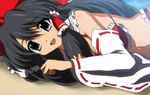  anime_coloring bikini black_hair hakurei_reimu looking_at_viewer lying solo swimsuit touhou yadokari_genpachirou 