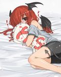 barefoot bat_wings bike_shorts blush cameltoe demon_tail frilled_pillow frills head_wings highres koakuma loggy long_hair lying on_side pillow pillow_hug pointy_ears red_eyes red_hair solo tail tail_wrap touhou wings yes yes-no_pillow 