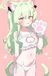  1girl ahoge ai-generated animal_ear_fluff animal_ears animal_hands animal_print auto_ins blue_archive blush bra breasts cat_cutout cat_ear_panties cat_ears cat_girl cat_lingerie cat_paws cat_print cat_tail cleavage cleavage_cutout clothing_cutout commentary cowboy_shot crescent crescent_hair_ornament flying_sweatdrops frilled_bra frills gloves green_hair green_halo green_tail hair_ornament halo highres hikari_(blue_archive) kemonomimi_mode long_hair looking_at_viewer navel one_side_up open_mouth panties paw_gloves paw_print pink_background side-tie_panties simple_background small_breasts solo stomach sweat tail two_side_up underwear underwear_only white_bra white_gloves white_panties yellow_eyes 
