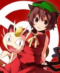  :3 animal_ears blue_vert brown_eyes brown_hair cat_ears cat_tail chen crossover gen_1_pokemon hat meowth multiple_tails pokemon pokemon_(creature) short_hair tail touhou 