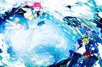  1girl ahoge ame_(conronca) bag belt bird blonde_hair blue_eyes bow braid diving_mask diving_mask_on_eyes fish goggles jellyfish manta_ray octopus original penguin pink_hair school_uniform serafuku skirt snorkel squid turtle twin_braids underwater water 