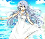  atelier_(series) blue_eyes braid day dress long_hair mana_khemia mana_khemia_(series) pamela_ibiss roko_(exrad) silver_hair sky smile solo sundress twin_braids water 