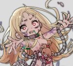  1girl bags_under_eyes blonde_hair bloodshot_eyes cable clenched_teeth collar commentary_request constricted_pupils debris eritoran_(akubimtcat) furrowed_brow grey_background guro intestines long_hair looking_at_viewer metal_collar monsha_moa nagai_gojitsudan_no_nechronica outstretched_arms petite red_eyes ribs simple_background solo stuffed_animal stuffed_toy tearing_up teeth upper_body veins zombie zombie_pose 
