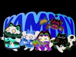  animal_hands black_cat candy cat cat_paws character_name commentary_request cookie cooky_yummy cupsie_yummy duel_monster food food-themed_animal fruit lollipo_yummy lollipop marshmallow marshmao_yummy spacesuit strawberry tanizawa_petit white_background yu-gi-oh! yummy_snatchy 