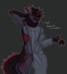 absurd_res anthro black_sclera blue_blush blush brooklyn_sweater bulge clothing dark_markings dialogue double_ear dragon ear_piercing english_text eyebrow_piercing facial_piercing fur furred_dragon furred_scalie gesture hair half_clothed hand_behind_head hand_gesture hi_res highlights_(coloring) hip_piercing horn hybrid lighter_belly male markings multicolored_body multicolored_tongue mythological_creature mythological_scalie mythology neck_tuft one_piece_sweater open_mouth pawpads piercing pink_pawpads ponytail question_mark raised_arm red_eyes red_highlights red_markings scalie scar shaded signature simple_background skeleton_(marking) snowxwx solo standing sweater talking_to_viewer teeth text tongue topwear translucent_tongue tuft