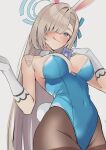  1girl animal_ears asuna_(blue_archive) asuna_(bunny)_(blue_archive) between_breasts blonde_hair blue_archive blue_eyes blue_leotard bow bowtie breasts card card_between_breasts cowboy_shot detached_collar fake_animal_ears gloves hair_over_one_eye halo highres large_breasts leotard long_hair nakano_kura official_alternate_costume pantyhose playboy_bunny rabbit_ears smile strapless strapless_leotard white_gloves 