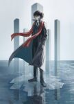  1boy absurdres bandage_over_one_eye black_coat black_hair black_jacket black_necktie black_pants black_shoes bungou_stray_dogs coat collared_shirt dazai_osamu_(bungou_stray_dogs) floating_clothes floating_scarf full_body hand_in_pocket hashtag-only_commentary highres jacket looking_at_viewer male_focus necktie open_clothes open_coat pants red_scarf reflection reflective_liquid scarf shirt shoes short_hair simple_background solo standing suit_jacket ufomelet_et white_background white_shirt 