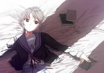  bad_id bad_pixiv_id bed_sheet book brown_eyes kita_high_school_uniform lying nagato_yuki on_back ribbon sasamori_tomoe school_uniform serafuku short_hair solo suzumiya_haruhi_no_yuuutsu white_hair 