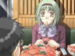 bow character_request crab crustacean eating food game_cg green_hair hairband loe oono_tsutomu_(red_chime) short_hair solo_focus yellow_eyes 