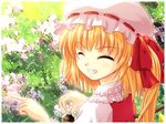  :d ^_^ ^o^ blonde_hair closed_eyes flandre_scarlet garden grin hat long_hair mob_cap one_side_up open_mouth puffy_short_sleeves puffy_sleeves short_sleeves smile solo teeth touhou turning_head upper_body yamasan 