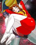  ass blue_eyes bodysuit boots brown_hair grendizer huge_ass lipstick long_hair makeup maria_grace_fleed mecha multicolored multicolored_bodysuit multicolored_clothes pilot_suit red_bodysuit shiny shiny_clothes skin_tight smile tamaki_nozomu thigh_boots thighhighs ufo_robo_grendizer yellow_bodysuit 