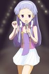  bangs blue_hair blunt_bangs hair_tubes hairband highres ishikkoro kannagi long_hair microphone music nagi pleated_skirt purple_eyes singing skirt solo white_skirt 