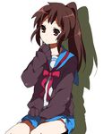  bad_id bad_pixiv_id brown_eyes brown_hair cardigan genderswap genderswap_(mtf) kita_high_school_uniform kyonko long_hair ponytail ren_(zero_second) school_uniform serafuku sitting solo suzumiya_haruhi_no_yuuutsu 