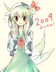  2009 animal_print cow_print ex-keine green_hair hood hoodie horns kamishirasawa_keine lowres new_year oimo red_eyes solo tail tail_wagging touhou 
