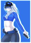  blue_eyes breasts goggles gun hat kiryuu_sayane medium_breasts midriff onibi_(foxhound4185) original scarf solo weapon white_hair 