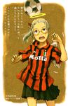  abe_yoshitoshi ac_milan ball clothes_writing feathers glasses haibane_renmei halo hikari_(haibane_renmei) playing_sports purple_eyes serie_a skirt soccer soccer_ball solo sport telstar translated wings 
