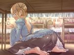  arched_back aruto_wanetto ass bad_anatomy barefoot blonde_hair blue_eyes braid error feet fuwa_daisuke game_cg kneeling prank skirt soles solo tekoire_princess thumbtack twintails under_table 