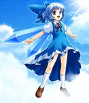  :d bangs blue_bow blue_dress blue_eyes blue_hair bow brown_footwear cirno cloud cloudy_sky collared_shirt day dress eyebrows_visible_through_hair floating full_body hair_bow hair_ribbon happy light_rays neck_ribbon open_mouth outstretched_arms puffy_short_sleeves puffy_sleeves red_ribbon ribbon shiny shiny_hair shirt shoes short_hair short_sleeves sky smile socks solo sunbeam sunlight touhou white_legwear white_shirt wings yamasan 
