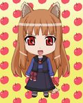  animal_ears apple brown_hair chibi fang food fruit holo long_hair nendoroid okiyumi_kase red_eyes solo spice_and_wolf wolf_ears 