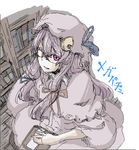  bad_id bad_pixiv_id bespectacled book bookshelf glasses hat ko-&gt;u oekaki patchouli_knowledge purple_eyes purple_hair ribbon solo touhou 