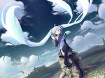  aqua_hair boots cloud day detached_sleeves green_eyes green_hair hatsune_miku headset knee_boots leaf long_hair mochizuki_saku necktie sitting sky solo thighhighs twintails very_long_hair vocaloid wind 