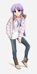 boots casual coat copyright_request denim grune highres jeans long_hair pants purple_eyes purple_hair solo 