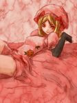  beret blonde_hair elbow_gloves gloves hat kuronuko_neero lambdadelta lying pink pink_hat red_eyes ribbon short_hair solo umineko_no_naku_koro_ni 