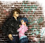  1girl arm_hug ass bad_id bad_pixiv_id blue_eyes blue_hair blush brown_hair couple denim eyeshield_21 hetero hood hoodie hug jacket jeans leather leather_jacket mohawk pants short_hair spiked_hair sweatdrop sweater takekura_gen_(musashi) taki_suzuna tsukanami 