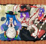  auer bad_id bad_pixiv_id blue_hair food fruit hat hinanawi_tenshi long_hair multiple_girls nagae_iku one_eye_closed peach purple_hair red_eyes rope shide shimenawa touhou yasaka_kanako 