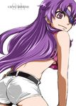  ass breasts eyepatch kca long_hair medium_breasts midriff mirai_nikki purple_eyes purple_hair short_shorts shorts solo tank_top underboob uryuu_minene 