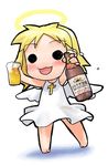  alcohol artist_request beer blonde_hair chibi copyright_request dress halo solo wings 