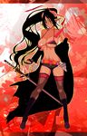  bikini_top black_hair boots breasts earrings gauntlets hdkg horns jewelry katana large_breasts long_hair original pointy_ears solo sword thighhighs undersized_clothes weapon zoom_layer 