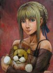  aqua_eyes artoria_pendragon_(all) bare_shoulders blonde_hair fate/stay_night fate_(series) hair_ribbon lion mister_donut oil_painting_(medium) pon_de_lion realistic ribbon saber smile solo stuffed_animal stuffed_lion stuffed_toy tafuto traditional_media 