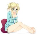  bad_id bad_pixiv_id barefoot blonde_hair breasts cleavage feet glasses green_eyes kumatora_tatsumi long_hair medium_breasts original panties pillow pointy_ears side-tie_panties sitting solo sweater toes underwear 