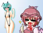  antennae blood blush green_hair multiple_girls mystia_lorelei nosebleed pink_hair slingshot_swimsuit swimsuit thumbs_up touhou translated wriggle_nightbug yani_tama 