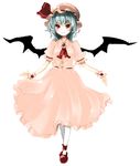  ascot bad_id bad_pixiv_id bat_wings blush brooch full_body gem hat jewelry looking_at_viewer mary_janes mob_cap red_eyes remilia_scarlet shoes simple_background solo standing touhou umi_(umi02) vampire white_background wings 
