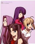  absurdres ahoge artoria_pendragon_(all) black_hair blonde_hair blue_eyes casual fate/hollow_ataraxia fate/stay_night fate_(series) glasses green_eyes highres long_hair matou_sakura multiple_girls purple_eyes purple_hair rider saber scan takeuchi_takashi toosaka_rin two_side_up 