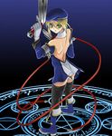  back beret blazblue blonde_hair blue_footwear bolverk boots detached_sleeves dress gloves green_eyes gun handgun hat hexagram magic_circle noel_vermillion octagram panties pentagram short_hair shunzou solo star_of_lakshmi thighhighs triangle underwear weapon white_panties 