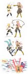  3girls 4koma blonde_hair blue_hair comic fighting_game flag green_hair hatsune_miku highres kagamine_len kagamine_rin kaito long_hair megurine_luka midriff multiple_boys multiple_girls parody pink_hair siblings sketch thighhighs translated tuna twins twintails very_long_hair vocaloid weapon whip yama_(mahohon) zettai_ryouiki 