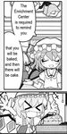  &gt;_&lt; cake closed_eyes fake_translation flandre_scarlet food greyscale monochrome multiple_girls portal portal_(series) remilia_scarlet touhou 