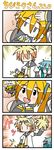  &gt;_&lt; 4koma akita_neru aku_no_musume_(vocaloid) blush chibi chibi_miku closed_eyes comic cosplay hatsune_miku imagining kagamine_len kagamine_len_(cosplay) kagamine_rin lap_pillow long_hair minami_(colorful_palette) multiple_girls prank trolling vocaloid |_| 