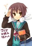  book brown_eyes bunny_headphones cardigan convention_greeting headphones hijiki_(hijikini) kita_high_school_uniform nagato_yuki school_uniform serafuku short_hair silver_hair solo suzumiya_haruhi_no_yuuutsu translated 