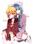  1girl animal_hat animal_slippers bad_id bad_pixiv_id casual hat hatsune_miku hood hooded_jacket jacket kagamine_len long_hair ren_(zero_second) slippers vocaloid 