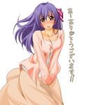  blush breasts casual cleavage fate/stay_night fate_(series) fue_(rhomphair) matou_sakura medium_breasts purple_eyes purple_hair solo 